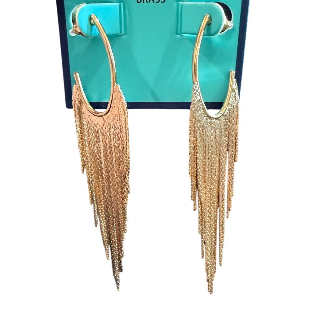 House of Harlow 1960 Gold Brass Mesh Fringe Hoop Earrings NWT